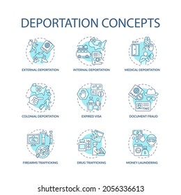 Deportation concept blue icons set. Reasons for official removal from country. Expired visa. Immigration idea thin line color illustrations. Vector isolated outline drawings. Editable stroke