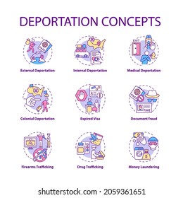 Deportation concept icons set. Reasons for official removal from country. Expired visa. Immigration idea thin line color illustrations. Vector isolated outline drawings. Editable stroke