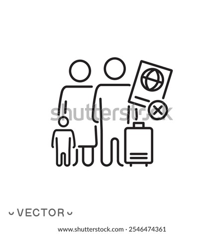 deportation icon, forced population transfer, exile, deported family, thin line symbol isolated on white background, editable stroke eps 10 vector illustration