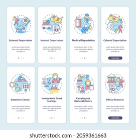 Deportation onboarding mobile app page screen set. Official processing walkthrough 4 steps graphic instructions with concepts. UI, UX, GUI vector template with linear color illustrations