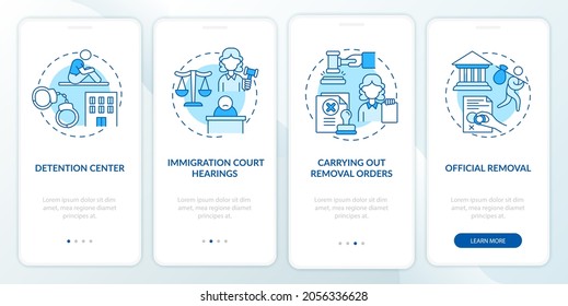 Deportation process blue onboarding mobile app page screen. Official removal walkthrough 4 steps graphic instructions with concepts. UI, UX, GUI vector template with linear color illustrations