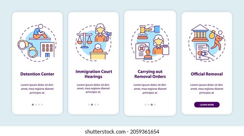 Deportation process onboarding mobile app page screen. Official removal walkthrough 4 steps graphic instructions with concepts. UI, UX, GUI vector template with linear color illustrations