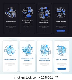 Deportation steps onboarding mobile app page screen. Official removal walkthrough 4 steps graphic instructions with concepts. UI, UX, GUI vector template with night and day mode illustrations