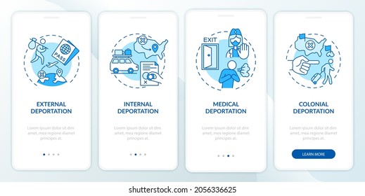 Deportation types blue onboarding mobile app page screen. Immigration problems walkthrough 4 steps graphic instructions with concepts. UI, UX, GUI vector template with linear color illustrations