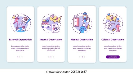 Deportation types onboarding mobile app page screen. Immigration problems walkthrough 4 steps graphic instructions with concepts. UI, UX, GUI vector template with linear color illustrations