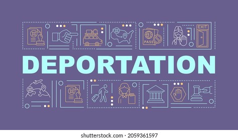 Deportation violet word concepts banner. Official removal from country. Infographics with linear icons on purple background. Isolated creative typography. Vector outline color illustration with text