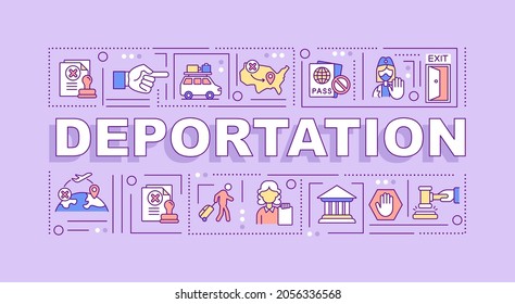 Deportation word concepts banner. Official removal from country. Infographics with linear icons on purple background. Isolated creative typography. Vector outline color illustration with text