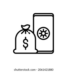 Deposit app thin line icon: bag with money on smartphone. Modern vector illustration.