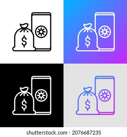 Einlagerungsapp-Thin-Line-Symbol: Tasche mit Geld auf Smartphone. Moderne Vektorgrafik.