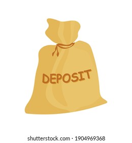 Deposit bag vector icon, sticker. Cash deposit bag flat simple cartoon illustration. Old fabric brown bag for storing savings, money, coins. Stock vector illustration isolated on a white background.