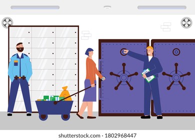 Composición plana del banco de depósitos con tres empleados bancarios puso dinero en una gran ilustración vectorial segura