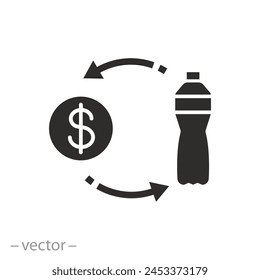 deposit bottle icon, cash back on plastic, returning money, flat symbol on white background - vector illustration