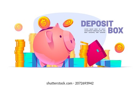 Deposit box banner with piggy bank, gold coins, purse and paper money. Vector poster of finance account and bank storage with cartoon illustration of moneybox, wallet and cash svg