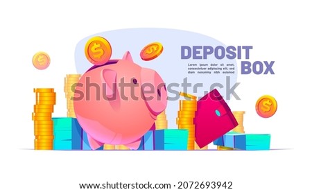 Deposit box banner with piggy bank, gold coins, purse and paper money. Vector poster of finance account and bank storage with cartoon illustration of moneybox, wallet and cash