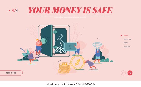 Deposit Box Concept Website Landing Page. Woman and Man with Moneybox, Safe Deposit, Banking, Cash Bag, Money Savings Concept,Fund Investment Web Page Banner. Cartoon Flat Vector Illustration