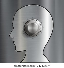 Deposit box in the form of a human head. Mental diseases and esoterics. Metallic background. Stock vector illustration.