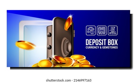 Deposit Box For Safe Currency And Gemstones Vector. Deposit Box For Saving And Storaging Money Cash And Jewellery Gem Stones. Coin And Banknote Template Banner Realistic 3d Illustration