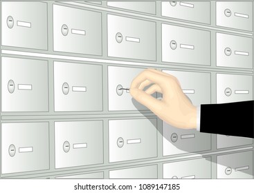 deposit boxand hand human hand opening deposit box with key
