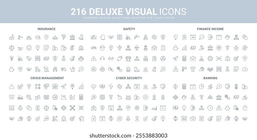 Deposit, car and home insurance, vision of hazards, contact and crisis risks line icon set. Financial income, cybersecurity, maintenance worker safety thin black outline symbols vector illustration