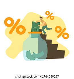 deposit concept. flat simple illustration. man with money and percent  