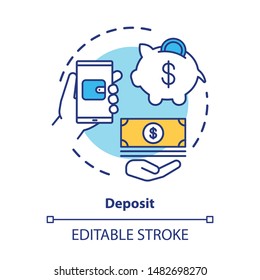 Deposit concept icon. Savings & investments. Casino deposit bonus idea thin line illustration. Digital wallet payment. Cash back and piggy bank. Vector isolated outline drawing. Editable stroke