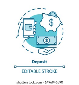 Deposit concept icon. Savings & investments. Casino deposit bonus idea thin line illustration. Digital wallet payment. Cash back and piggy bank. Vector isolated outline drawing. Editable stroke