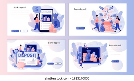 Deposit concept. Longterm money saving finance. Tiny people put money in bank safe. Screen template for mobile smart phone, landing page, template, ui, web, mobile app, poster, banner, flyer. Vector