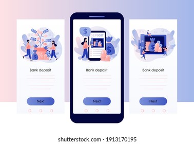 Concepto de depósito. Financiación del ahorro de dinero a largo plazo. Pequeñas personas ponen dinero en un banco a salvo con dólares. Cuenta bancaria, árbol de dinero. Plantilla de pantalla para teléfono inteligente móvil. Estilo moderno de dibujos animados planos. Vector 