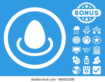Deposit Egg icon with bonus design elements. Vector illustration style is flat iconic symbols, white color, blue background.