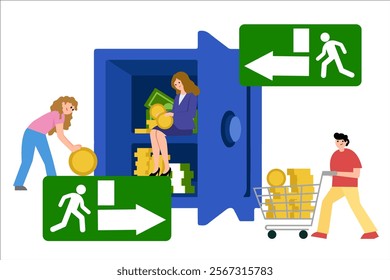 Deposit exit points. People and a safe with money. Vector simple color flat illustration.