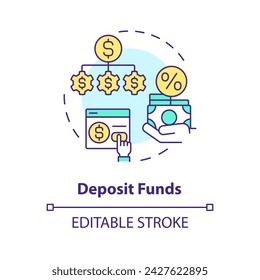 Icono de concepto multicolor de fondos de depósito. Diversificar las inversiones. Asignación de inversiones. Ilustración de línea de forma redonda. Idea abstracta. Diseño gráfico. Fácil de usar en marketing