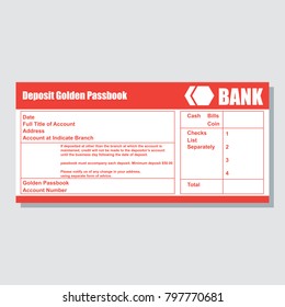 deposit golden pass book bank payment / paper slip with text space to add your identity and amounts. vector illustration
