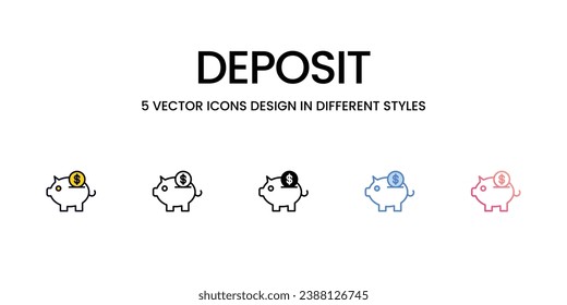 Diseño de icono de depósito en estilo Cinco con barra editable. Línea, Sólido, Línea plana, Color de tono Duo y Línea de degradado de color. Adecuado para diseño de páginas Web, aplicaciones móviles, UI, UX y GUI.