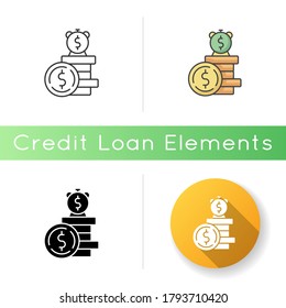 Deposit icon. Financial asset. Income from business. Bank savings. Monetary gain during time. Growth in fortune. Investment bonus. Linear black and RGB color styles. Isolated vector illustrations