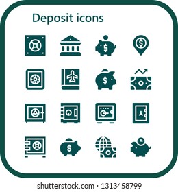 deposit icon set. 16 filled deposit icons.  Simple modern icons about  - Safebox, Bank, Piggy bank, Safe box, Passbook, Profit, Economy, Piggybank
