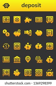 deposit icon set. 26 filled deposit icons.  Simple modern icons about  - Safe box, Piggy bank, Safebox, Money box, Strongbox, Exchange, Insert coin, Currency exchange, Bank, Economy