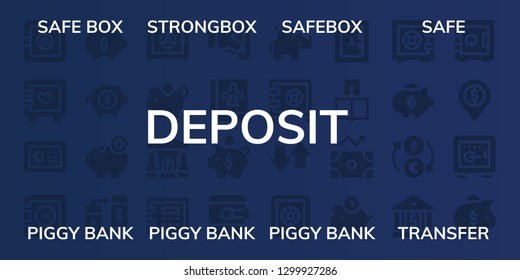  deposit icon set. 32 filled deposit icons. on blue background style Simple modern icons about  - Safe box, Strongbox, Safebox, Safe, Piggy bank, Transfer, Bank, Insert coin, Passbook