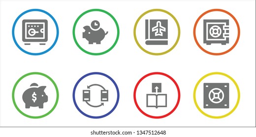 deposit icon set. 8 filled deposit icons.  Collection Of - Safebox, Piggy bank, Piggybank, Transfer, Passbook