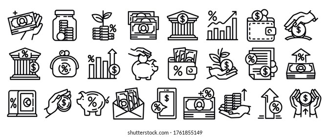 Juego de iconos de depósito. Conjunto de esquemas de iconos vectoriales de depósito para diseño web aislado en fondo blanco