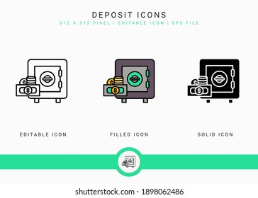Los iconos de depósito establecen la ilustración vectorial con el estilo de línea de icono. Concepto del plan de pensiones. Icono de trazo editable sobre fondo blanco aislado para diseño web, interfaz de usuario y aplicación móvil