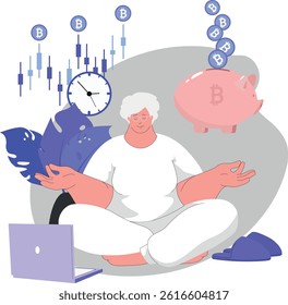 Deposit, income, piggy bank, cryptocurrency. Elderly woman earns, time is money, trading, mining, accumulation of electronic currency