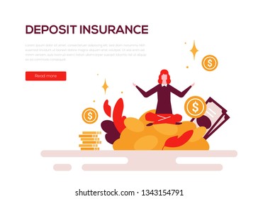 Deposit insurance - colorful flat design style web banner on white background with copy space for text. A composition with a woman surrounded by money, coins stack, cash. Financial protection concept