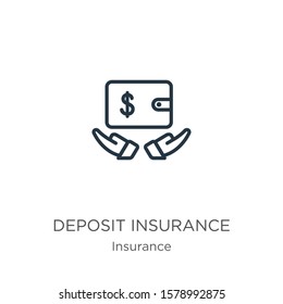 Icono de seguro de depósito. Icono de esquema lineal delgado de seguro de depósito aislado en fondo blanco de la colección de seguros. Signo vectorial de línea, símbolo para web y móvil