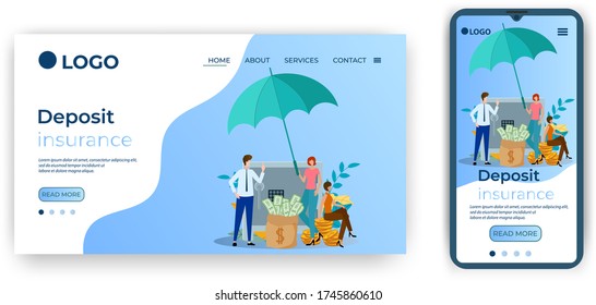 Deposit insurance.Template for the user interface of the website's home page.Landing page template.The adaptive design of the smartphone.vector illustration.