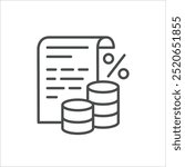 Deposit interest flat line icon, credit, loan commission. Thin linear logo for financial services, cashback payment, tax fee, invoice with money and percent sign vector illustration.