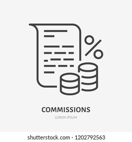 Deposit interest flat line icon, credit, loan commission. Thin linear logo for financial services, cashback payment, tax fee, invoice with money and percent sign vector illustration.