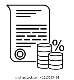 Deposit interest flat line icon, credit, loan commission. Thin linear logo for financial services, cashback payment, tax fee, invoice with money and percent sign vector illustration.