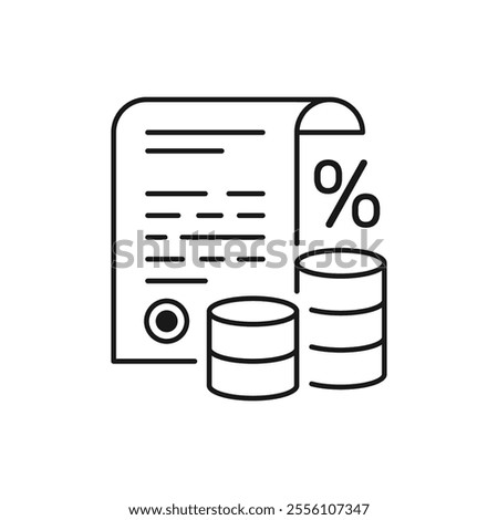Deposit interest flat line icon, credit, loan commission. Thin linear logo for financial services, cashback payment, tax fee, invoice with money and percent sign vector illustration.