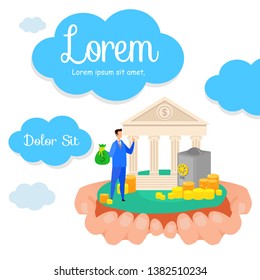 Deposit Investment Social Media Banner Template. Businessman with Money Bag Cartoon Character. Financial Literacy, Banking Business. Hands Holding Building Flat Vector Illustration with Text Space