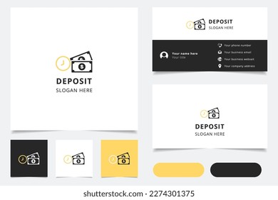 Diseño del logotipo de depósito con eslogan editable. Libro de promoción de marca y plantilla de tarjeta de visita.